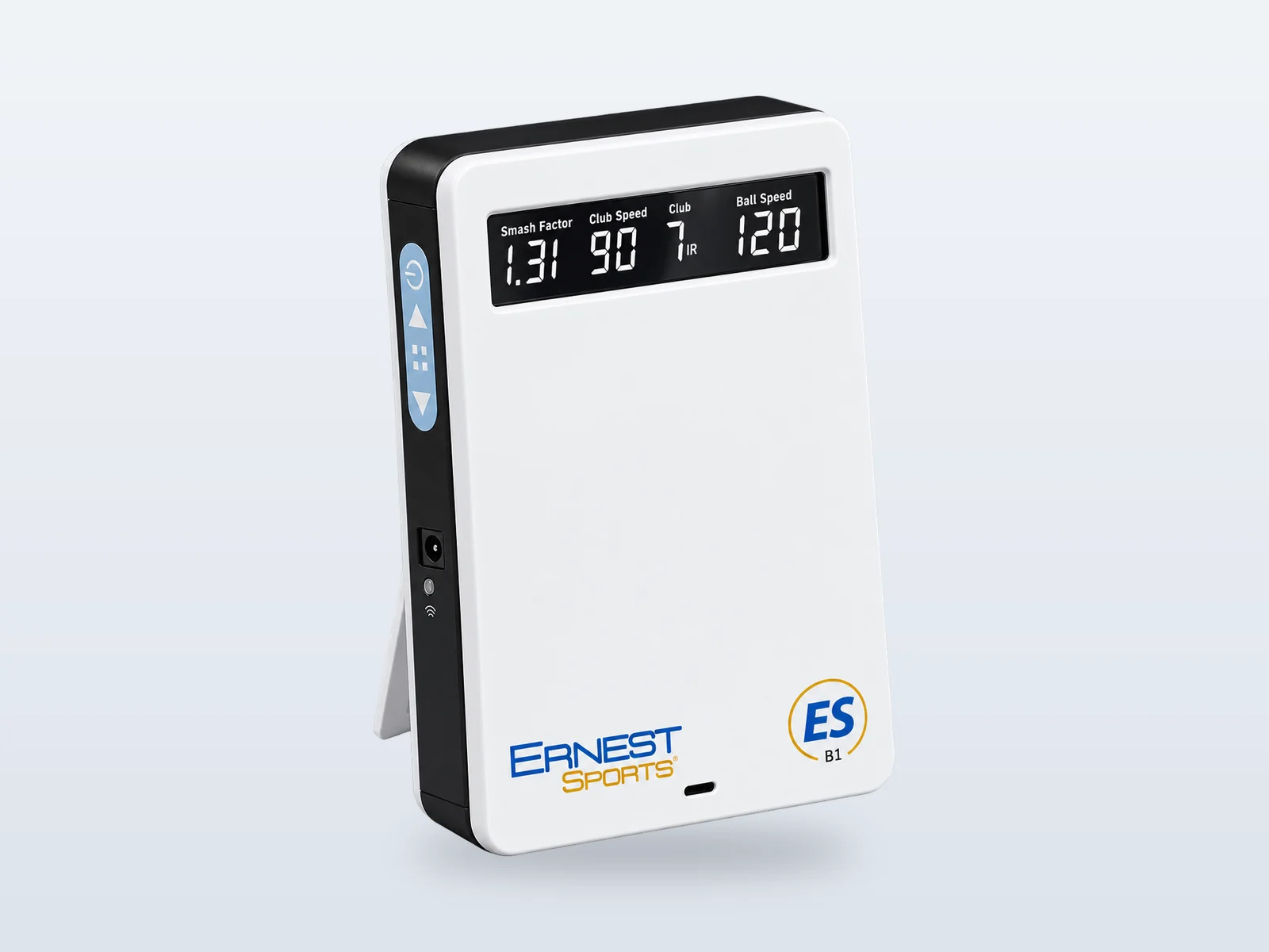ESB1 launch monitor, front three-quarter view: white unit with the built-in readout across the top and the ES B1 badge