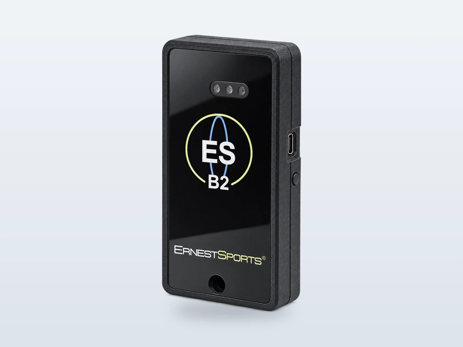 ESB2 launch monitor, front three-quarter view: black unit with the ES B2 mark on the sensor face