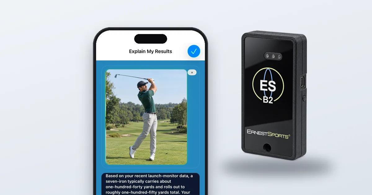 ES Range AI golf app showing Explain My Results next to an Ernest Sports launch monitor