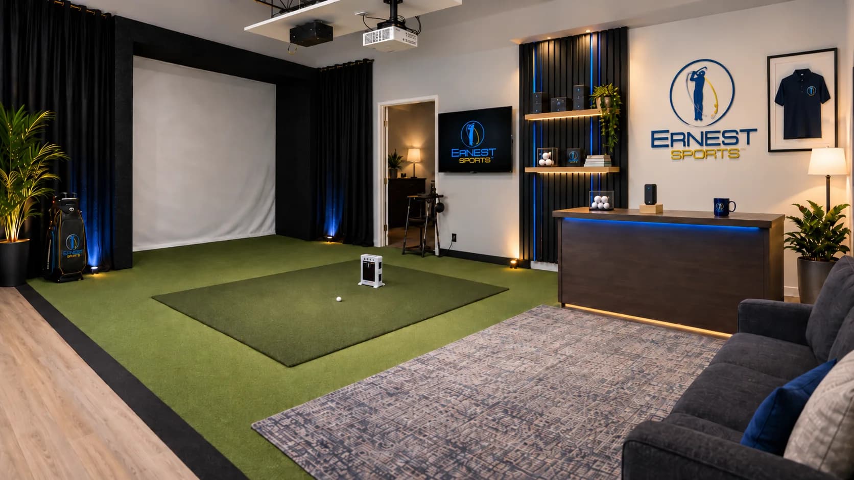 The Ernest Sports studio: a full simulator bay with hitting mat and impact screen, product wall, and demo desk under the Ernest Sports sign